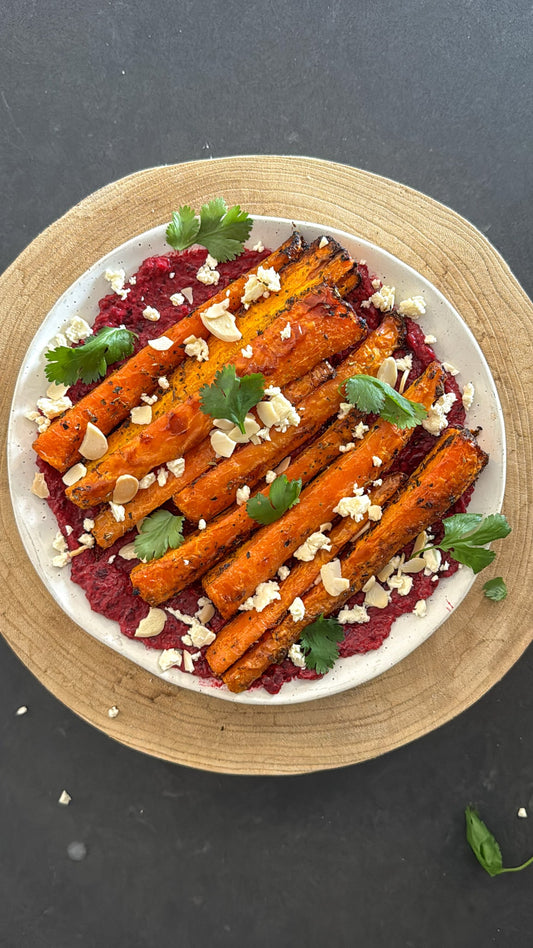 Baked Carrots with Beetroot Dip, feta and almonds
