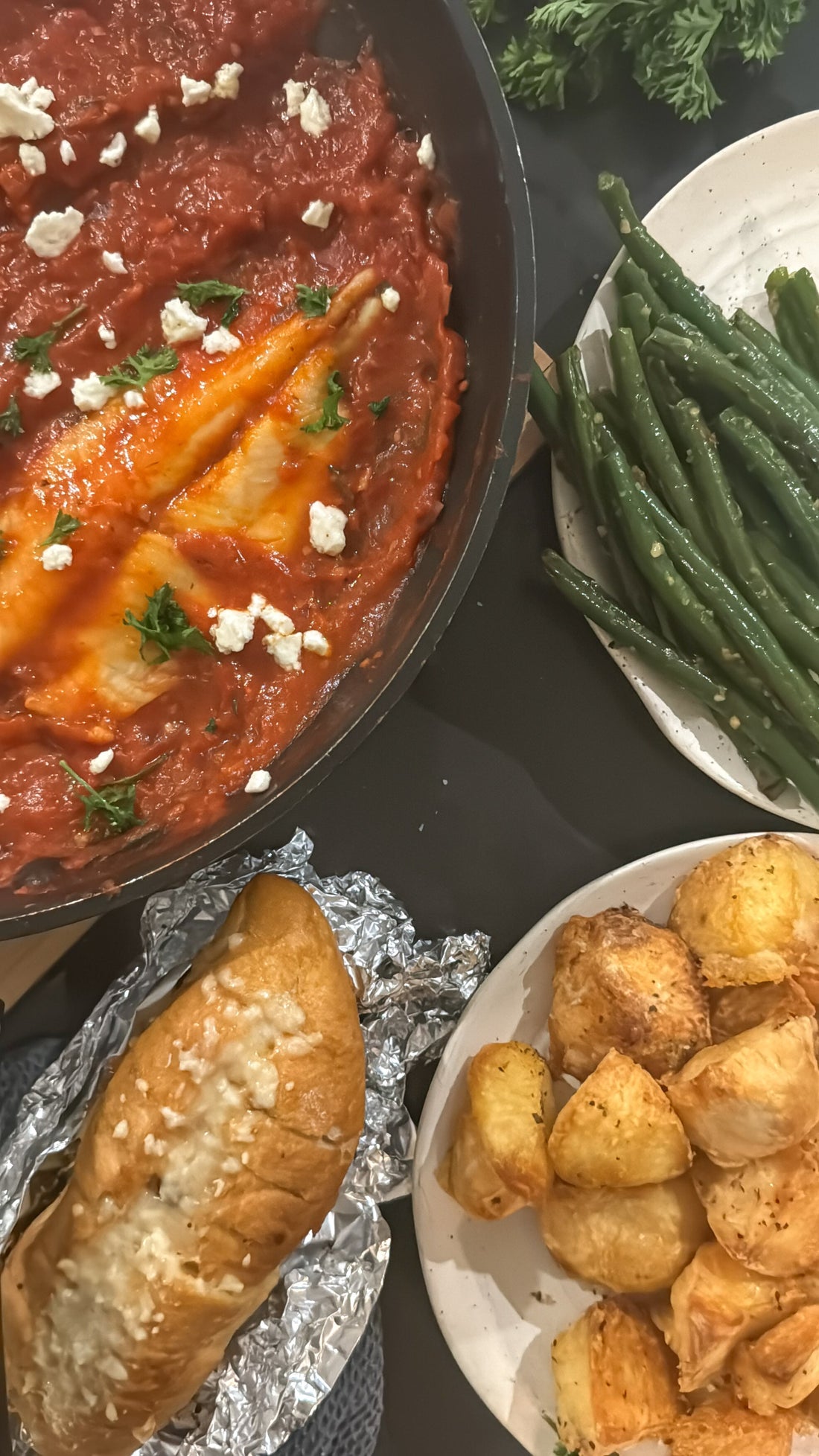 Fish Saganaki with Green Beans, Crispy Potatoes & Garlic Bread