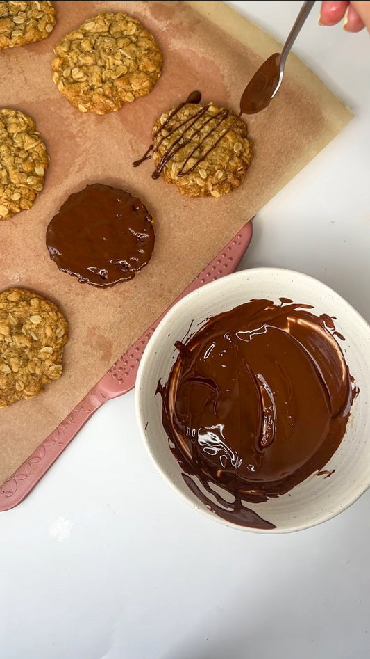 Chocolate Coated Chewy ANZAC Biscuits (Oat Biscuits)